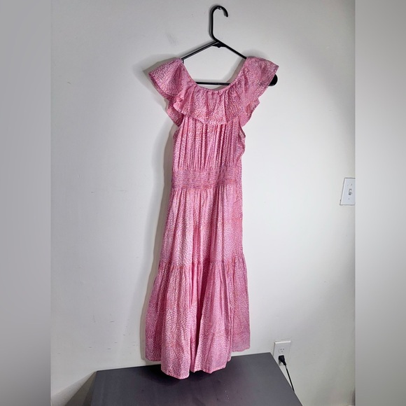 Oliphant Ruffle Neck Midi Dress pebble lilac coral print pink flounce - Picture 4 of 11